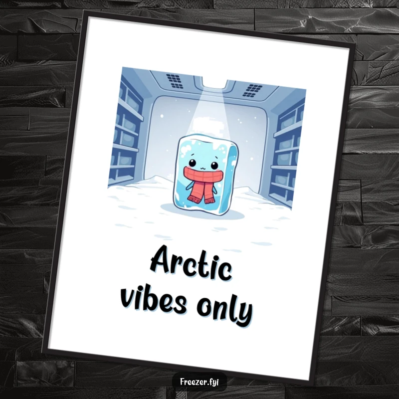 Funny poster of a lonely ice cube wearing a scarf, shivering dramatically in a vast freezer, a humorous wall decoration.