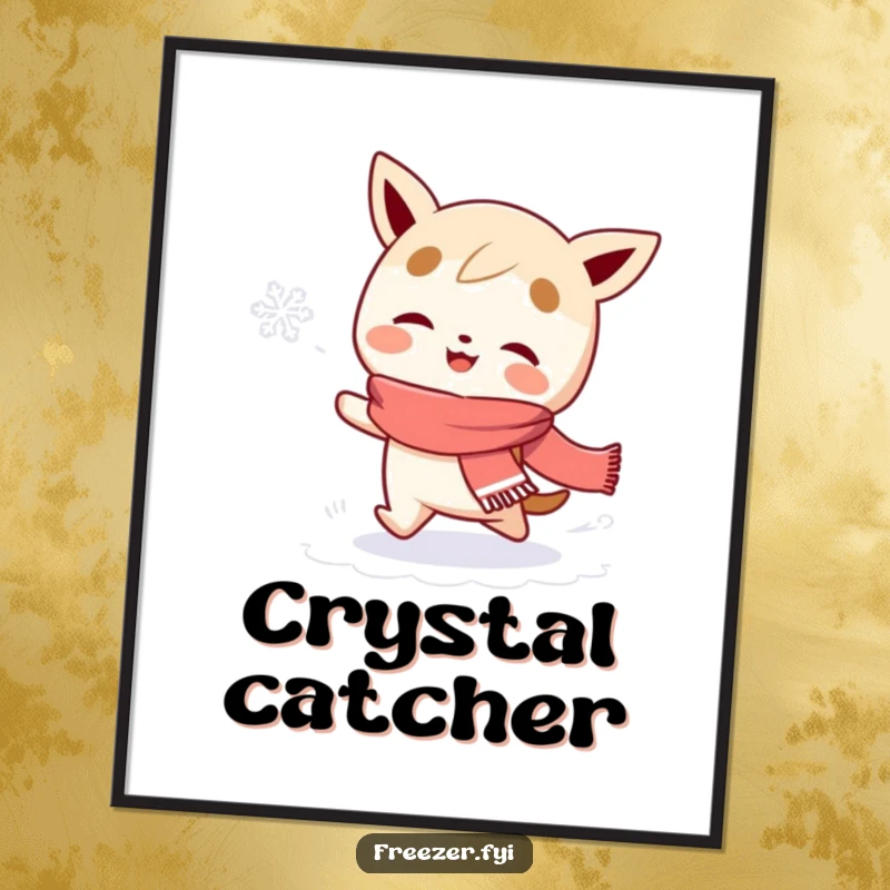 Funny poster of a scarf-wearing character gleefully chasing a snowflake, adding whimsical and humorous winter artwork to any space.