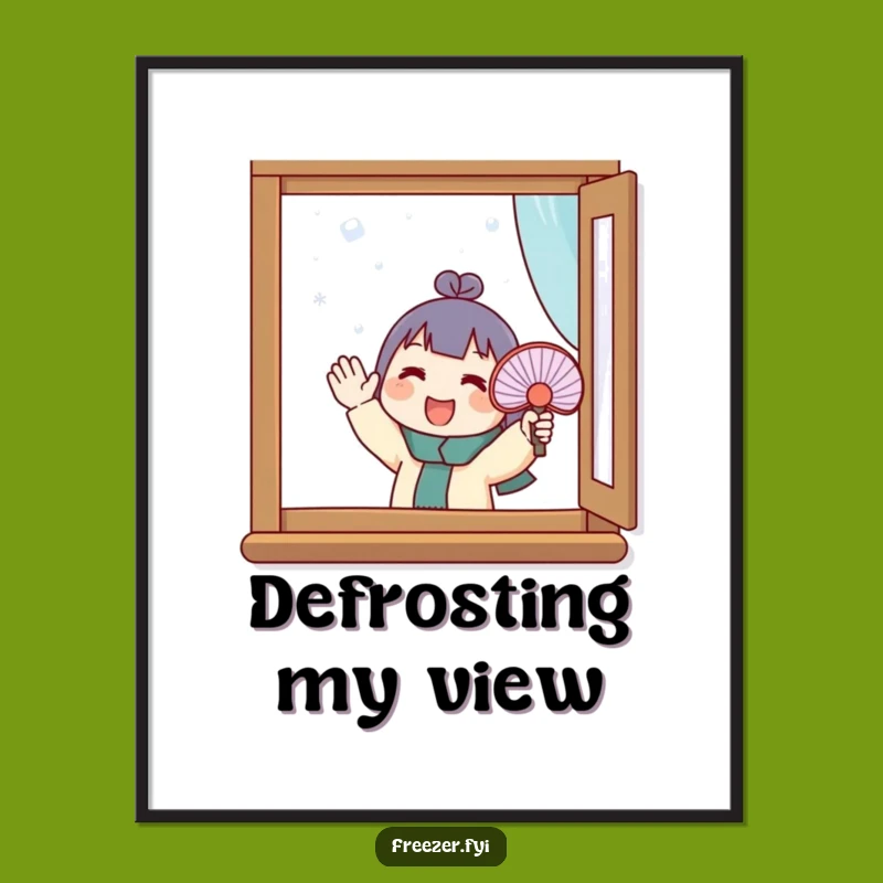 Funny Frosty Window Poster: Character's Enthusiastic Winter Effort Wall Art