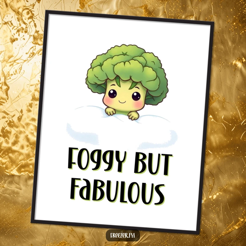 Funny poster featuring a cute broccoli floret character peeking through frosty fog, creating a cool and mysteriously atmospheric wall art.