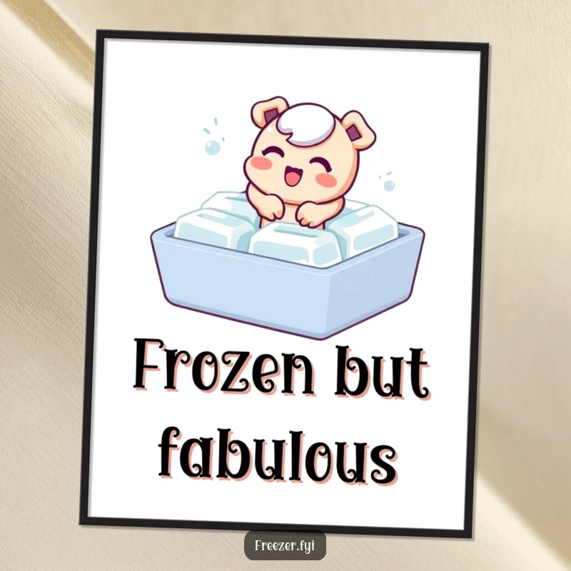 Funny poster featuring a bubbly character playfully emerging from an ice cube tray, adding whimsical and humorous decor.