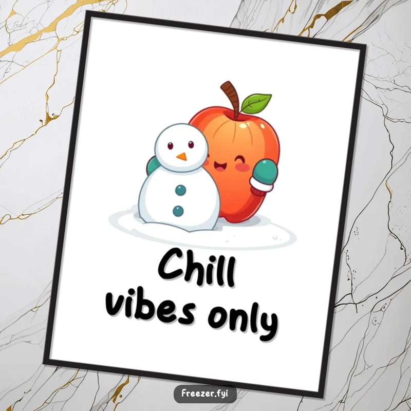 Funny poster depicting a happy apple with mittens, attempting to build a snowman, bringing a whimsical and humorous winter scene to life.