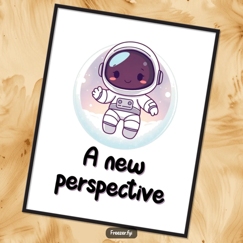 Funny poster of a happy astronaut character floating inside a frosty, glowing orb, bringing whimsical space art home.
