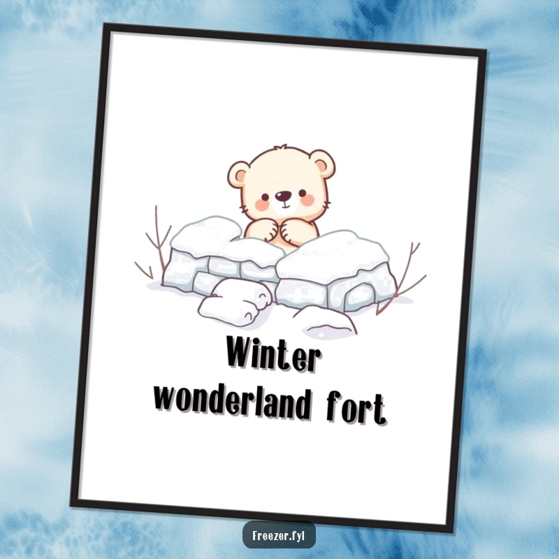 Funny Poster: A vibrant depiction of a small bear cub energetically building a snow fort, bringing a humorous winter scene to life.