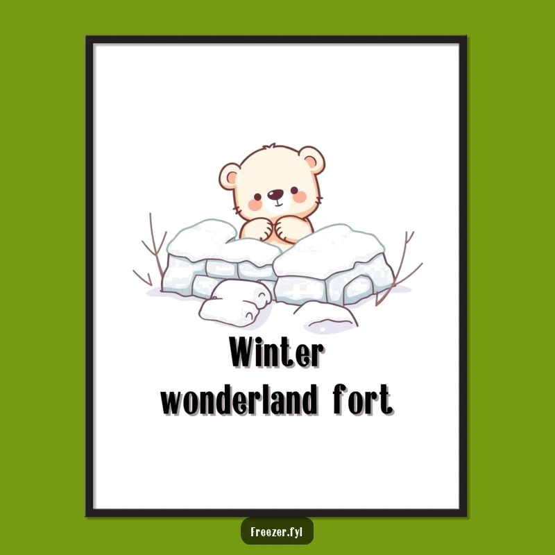 Funny Bear Poster: Cub Building Snow Fort Art for Whimsical Winter Decor
