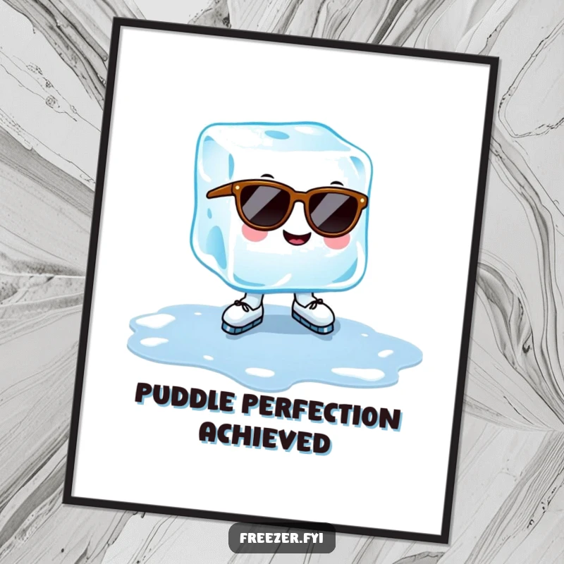 Funny ice cube poster with a cheerful ice cube wearing sunglasses, ice-skating on a puddle, cool summer art print gift.