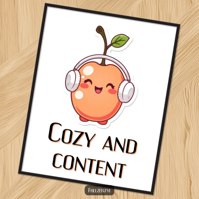 Funny poster featuring a tiny cherry character wearing miniature earmuffs, looking pleased, bringing cozy and humorous winter wall art.