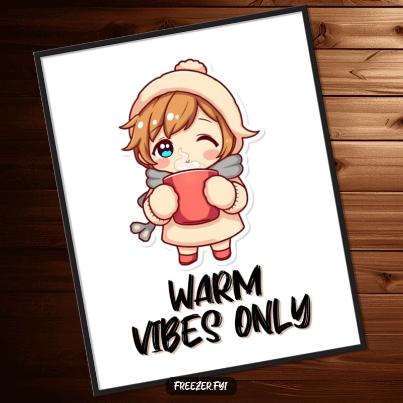 Funny poster depicting a character wearing mittens and holding a steaming mug, exuding ultimate cozy vibes and perfect for warm, inviting decor.