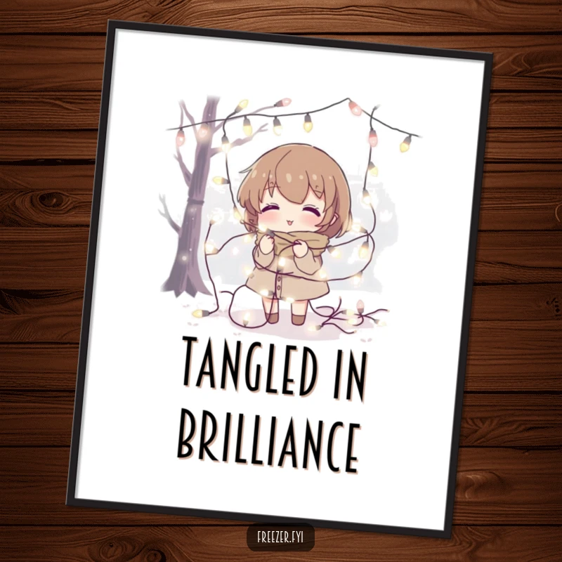 Funny poster showing a character tangled in fairy lights in a cold setting, adding festive humor to any room.