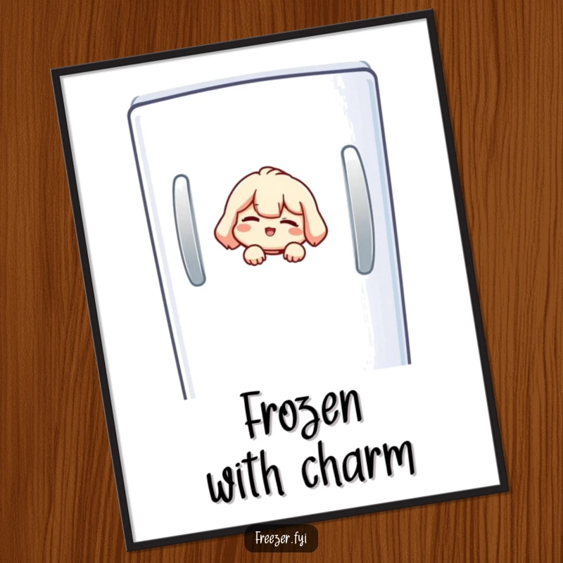 Funny freezer poster showing a small character peeking from a freezer door, giving a playful wink.