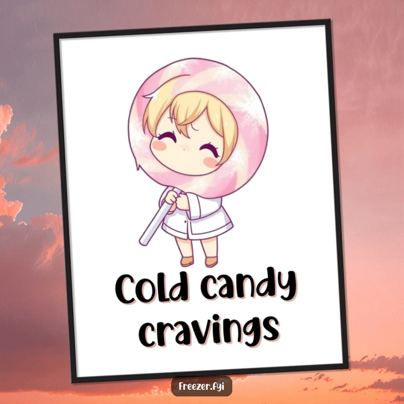 Funny poster depicting a character shivering while clutching a massive, frost-covered lollipop, bringing a humorous, sweet, and chilly vibe to the decor.