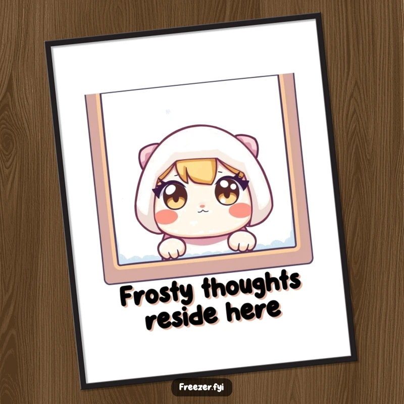 Funny poster print featuring a character with wide, curious eyes peeking through a cold, frosted window, creating a humorous and relatable scene.