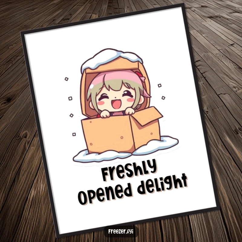 Funny poster of a character popping out of a frozen box with a look of pure delight. Humorous wall art for joyful spaces.