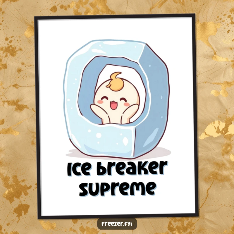 Funny poster art of a character bursting out of a giant ice cube with a surprised, joyful expression, symbolizing liberation and fun.