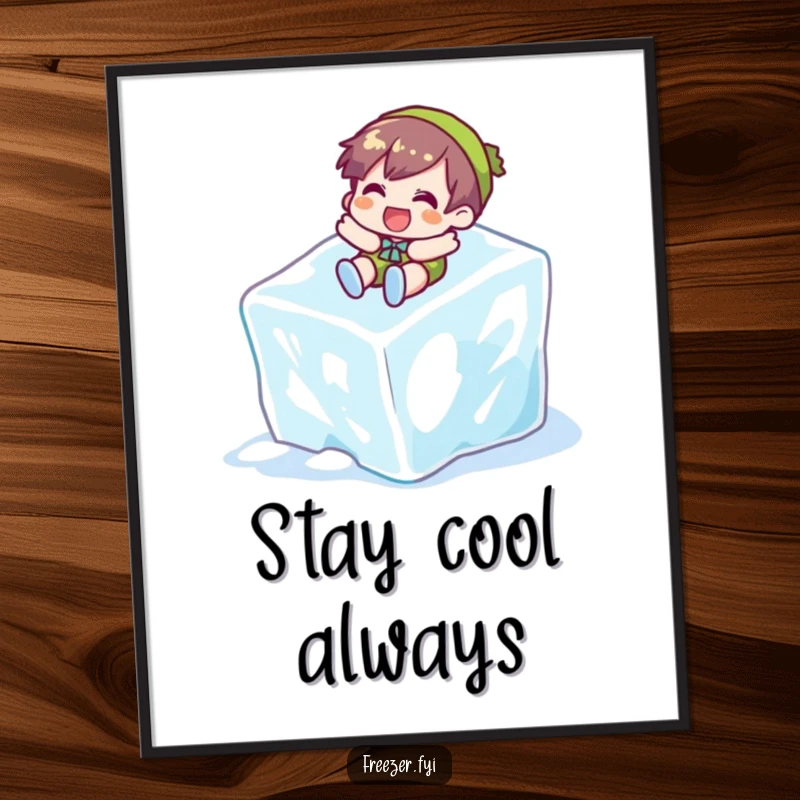 Funny poster of a character gleefully sliding down a giant ice cube, bringing a thrilling and humorous winter scene to your walls.