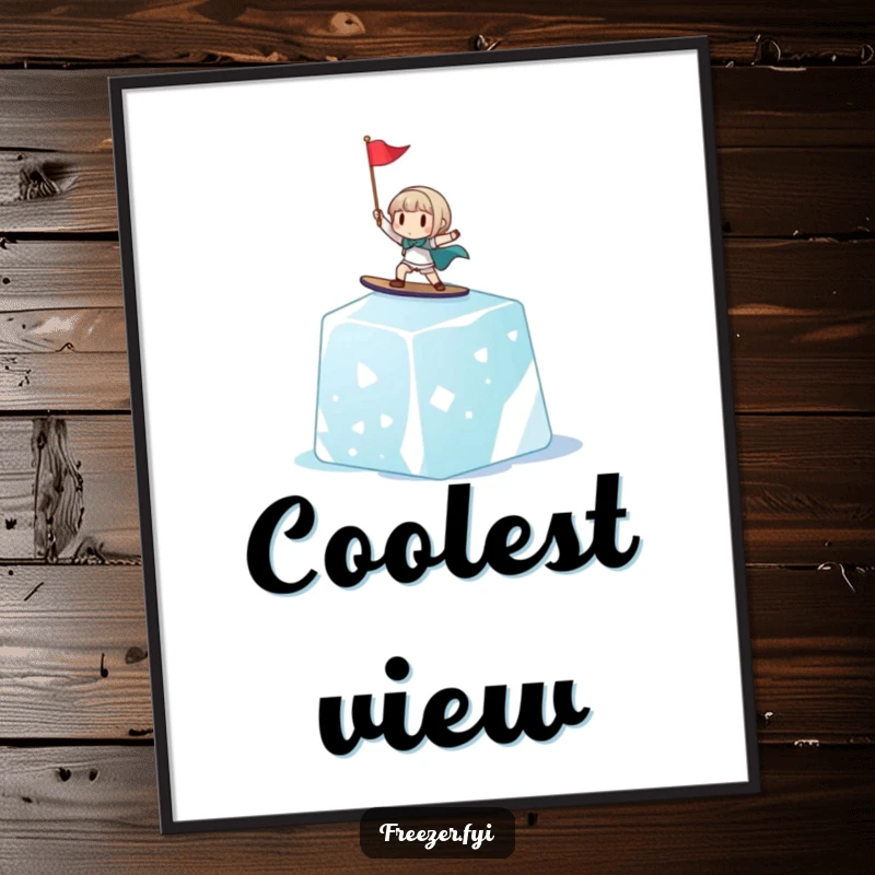 Funny poster showcasing a cheerful tiny character surfing a giant ice cube, holding a small flag, adding a touch of playful, cold-weather humor.