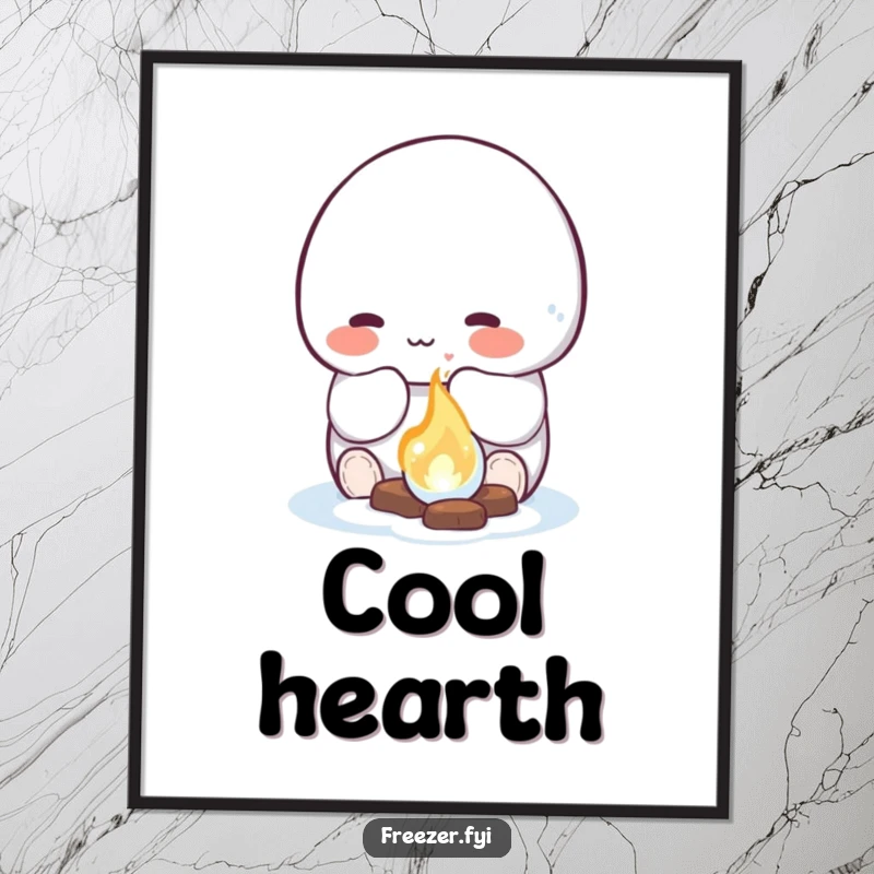 Funny poster of a rosy-cheeked character happily warming their hands by a small, glowing ice fire, adding cozy and humorous winter artwork.