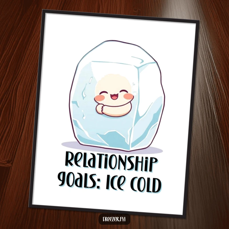 Funny poster showing a small character happily hugging a giant ice cube, adding cool humor to any room.