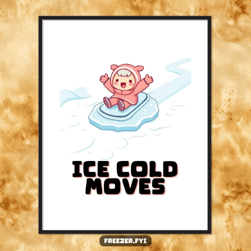 Funny poster of a character gleefully sliding on an icy surface with arms open, embodying winter's playful spirit.