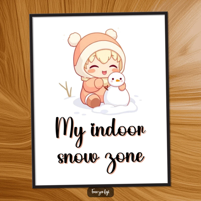 Funny poster showing a character gleefully attempting to build a tiny snowman inside, capturing a moment of whimsical, indoor winter fun.