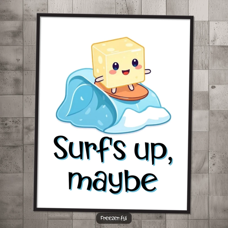 Funny poster of a wobbly jelly cube attempting to surf on a tiny frozen wave, whimsical wall decor.