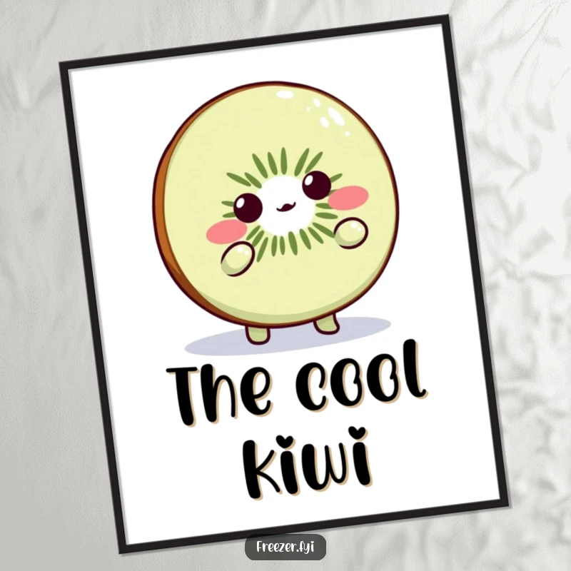 Funny Kiwi Slice Poster: Cute fruit character shrugging playfully in the cold, perfect for humorous wall art.