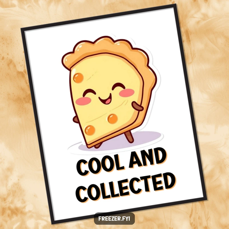 Funny pie slice poster with a happy character smiling warmly from a cold surface, a humorous and decorative art piece gift.