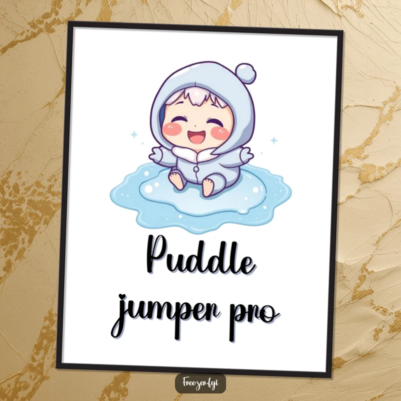 Funny poster art of a character with icy blue cheeks laughing while sliding on a frozen puddle, capturing pure winter fun and joy.
