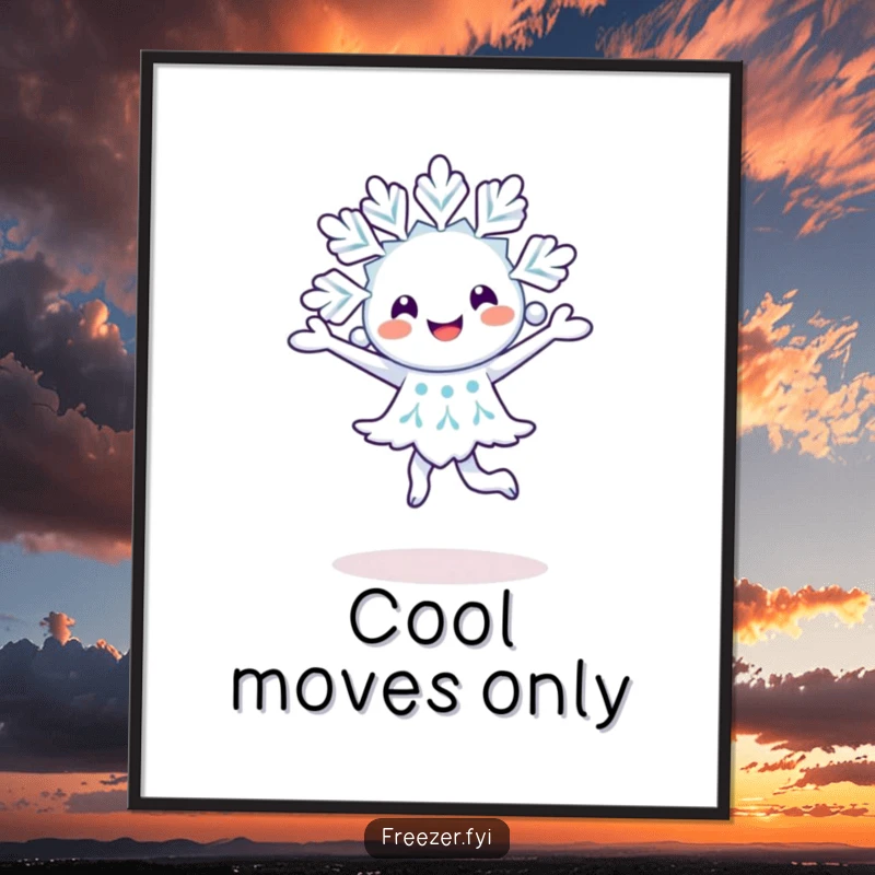 Funny happy snowflake character doing a joyful pirouette, displayed as charming wall art.
