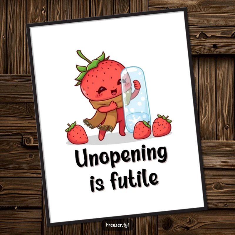 Funny poster depicting a determined strawberry in a scarf, comically attempting to open a frozen jar, adding winter-themed humor to decor.