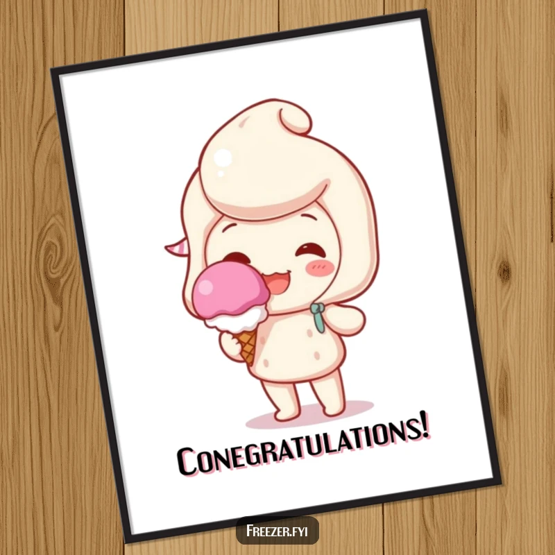 Funny poster featuring a character beaming happily, holding a single, perfect scoop of ice cream, bringing sweet, cheerful vibes.