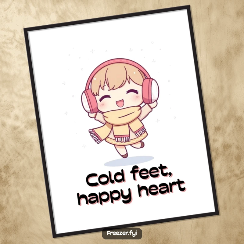 Funny poster depicting a character happily dancing in a serene snowfall, wearing earmuffs and scarf, radiating pure winter bliss.