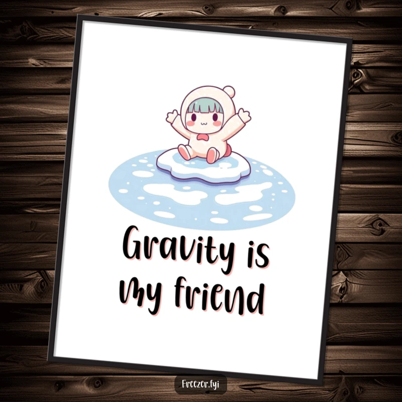 Funny poster showcasing a character playfully sliding on a frozen puddle, arms outstretched, capturing the essence of winter's slippery, fun-filled moments.