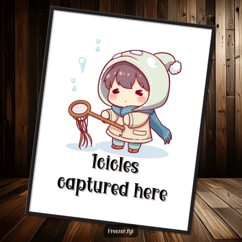 Funny poster featuring a character playfully trying to catch falling icicles with a small net, capturing a moment of chilly fun.