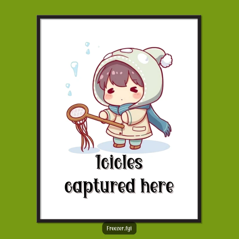 Funny Winter Wonder Poster: Character Catches Icicles with Net