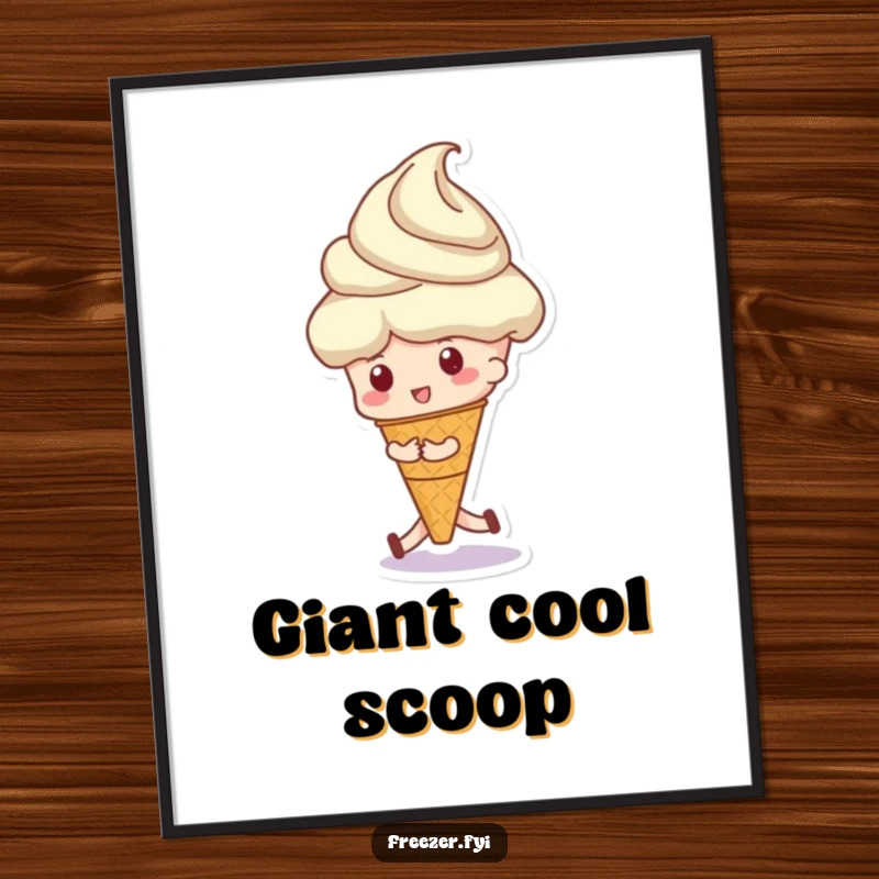 Funny poster displaying a character playfully pushing a huge ice cream scoop, celebrating the joy of indulgent desserts.