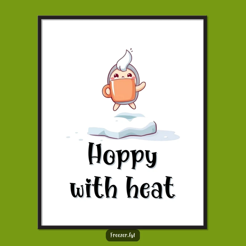 Funny Winter Vibrancy Poster: Excited Character Hops with Steaming Mug