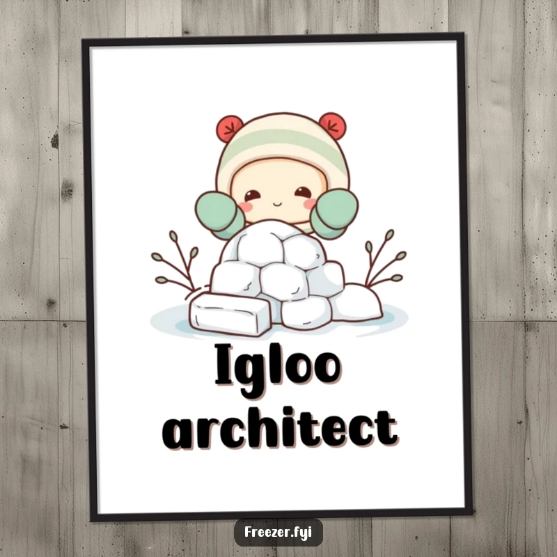 Funny poster of a happy character with mittens, building a small igloo out of ice blocks, adding charming, humorous winter artwork.