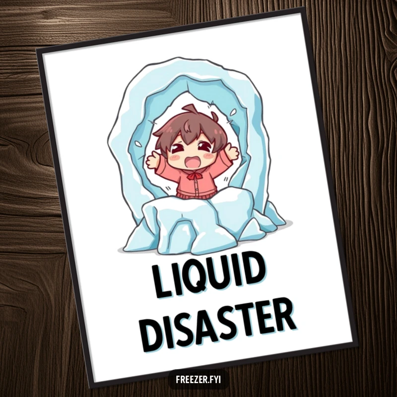 Funny poster capturing a character's shocked, dramatic escape from a melting ice sculpture, creating a humorous and attention-grabbing piece of art.