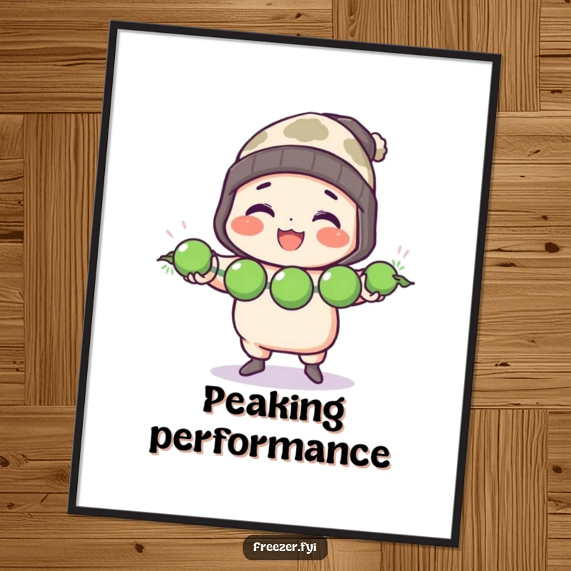 Funny poster featuring a character in a toque cheerfully juggling three frozen peas, celebrating culinary skills with humor.