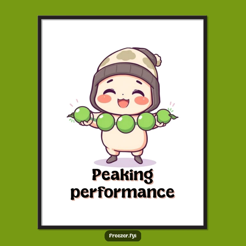 Funny Kitchen Art Poster: Character Juggles Frozen Peas with Toque