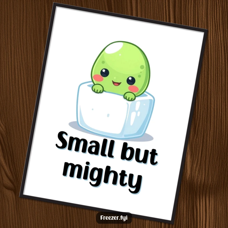 Funny frozen pea poster featuring a smiling character peeking from a tiny ice cube, adding quirky charm to decor.