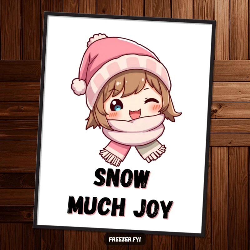 Funny poster featuring a character beaming with joy while wearing a miniature winter hat and scarf, embodying cozy winter vibes.