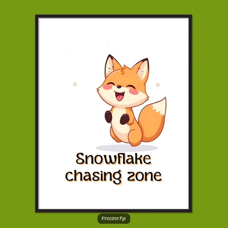 Funny Fox Poster: Snow Flake Chaser Art for Whimsical Winter Decor
