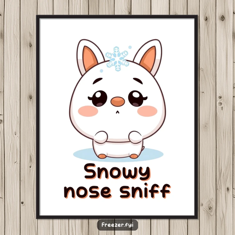 Funny poster depicting a character's wide-eyed surprise as a snowflake lands on its nose, evoking winter's gentle fun.