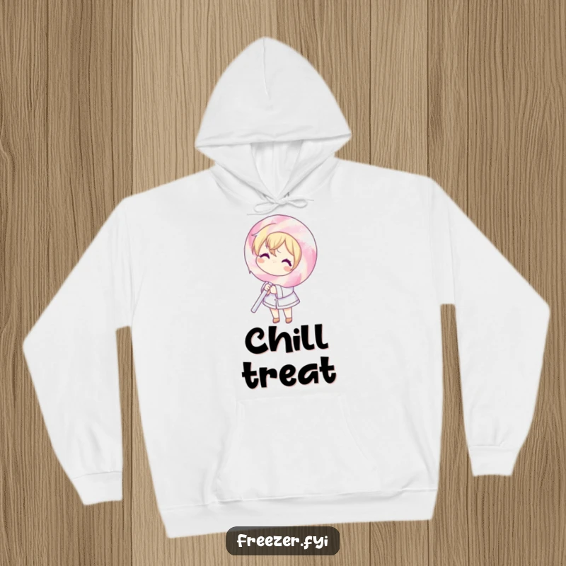 Funny hoodie featuring a character in the cold, struggling comically with a giant, ice-encrusted lollipop, radiating humorous winter vibes.