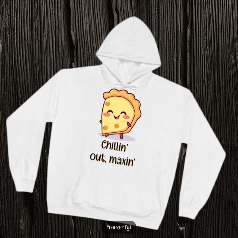 Funny pie slice hoodie with a happy character smiling warmly from a cold surface, a cozy and humorous apparel gift.