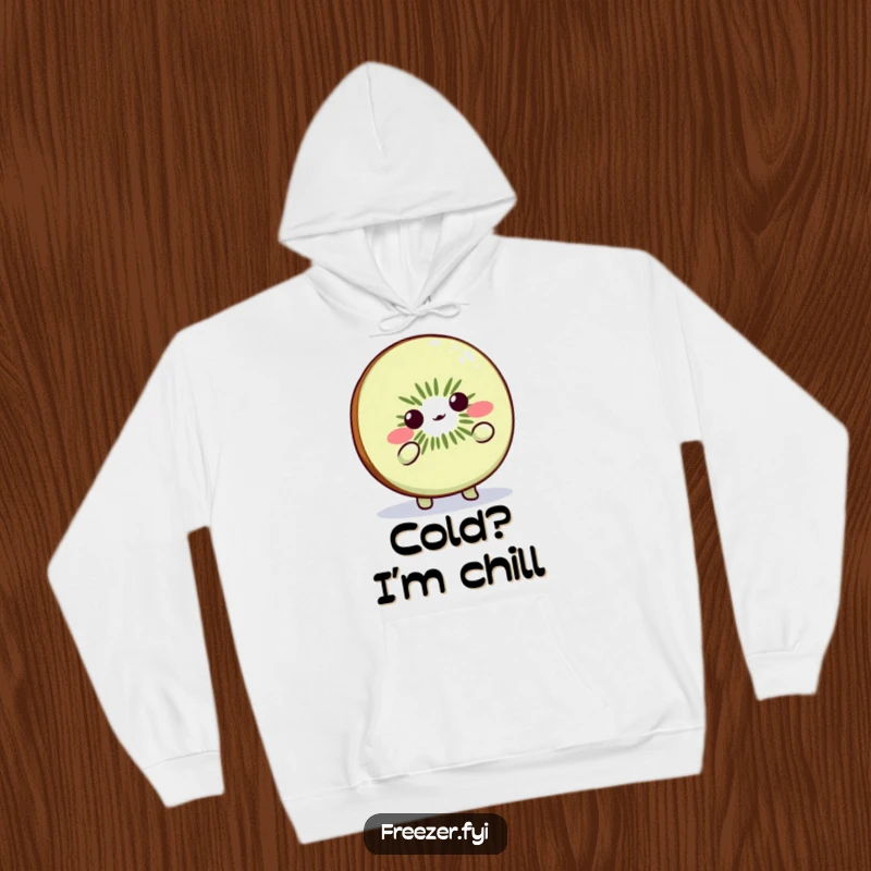 Funny Kiwi Slice Hoodie: Cute fruit character shrugging playfully in the cold, a cozy and humorous gift idea.