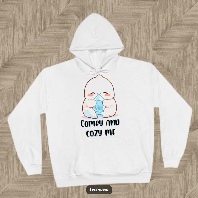 Funny hoodie featuring a smiling dumpling character embracing a tiny, shivering ice crystal, offering warmth and humorous comfort.