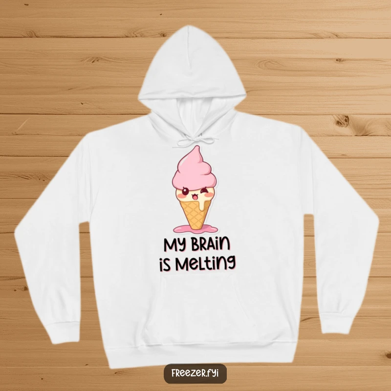 Funny ice cream cone hoodie featuring a bewildered character melting slightly with surprise, perfect for cozy, sweet moments.